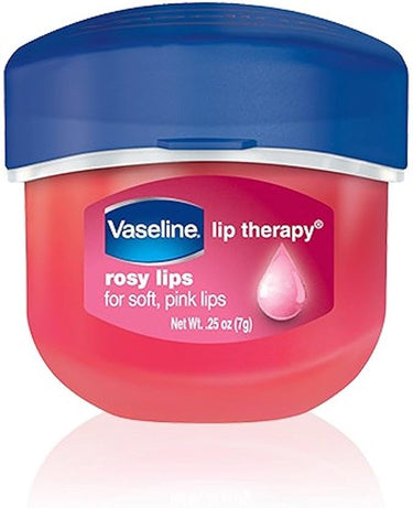 Vaseline lip therapy jar with blue lid and pink body on a white background